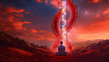 This is an image of a person meditating in front of a large double-helix structure. The sky is a bright red and the ground is a dark red.