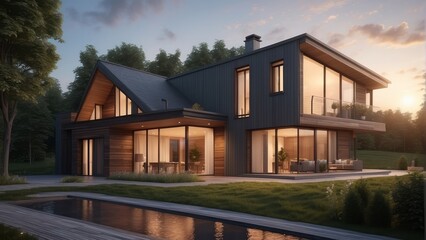 Architecture modern cozy clinker house on summer evening, 3D building design illustration