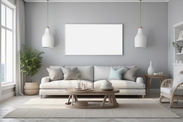 Coastal style living room interior, room in Dove Gray colors, blank white poster frame