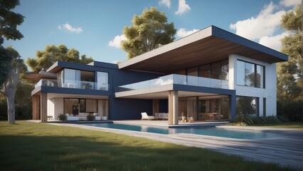 Architecture modern house with garage in daylight, 3D building design illustration
