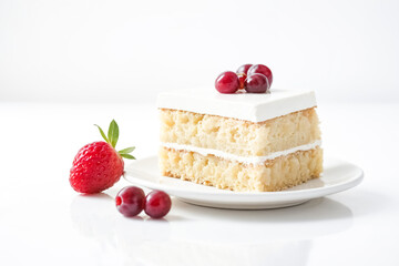 Slice of White Cake with Strawberries and Grapes on a Plate