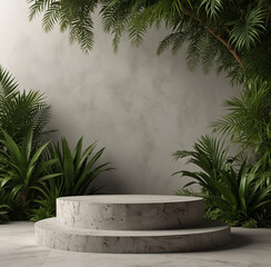 Podium background product green nature 3D forest stand white plant. Cosmetic background product podium display wood jungle studio garden beauty platform presentation mockup pedestal stone tropical.  