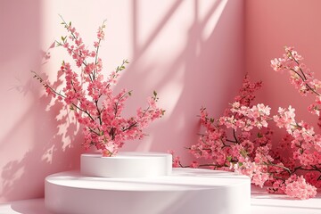 A product podium decorated with pastel pink peonies for spring. Generative Ai