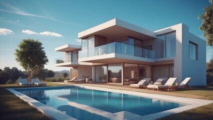Architecture modern villa with swimming pool, Exterior 3D building design illustration