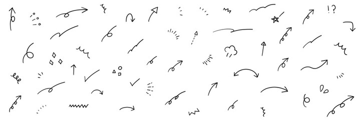 手書きの集中線や矢印などのあしらいのベクターイラストセット。装飾、飾り、やじるし