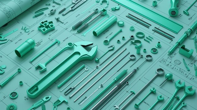 Detailed Capture of a Mint Green Civil Engineer's Toolkit Spread Out on a Blueprint