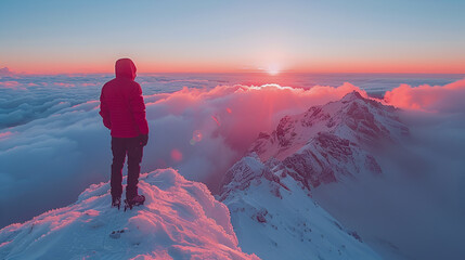 Fototapeta premium Mountain climber watching sunrise above the clouds