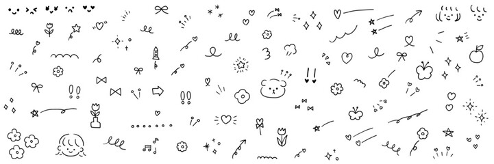 かわいい手描きの飾りイラストのベクターイラストセット。子供、キラキラ、装飾、花、犬、星、ハート