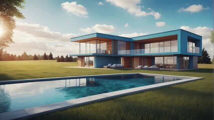 Obraz premium Architecture modern house with flat roof and large windows, Exterior 3D building design illustration