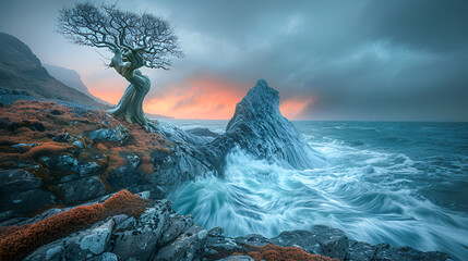 Twisted tree on rocky coastline during stormy sunset - Powered by Adobe