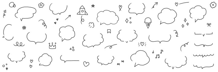 手描きの吹き出しとアイコンのベクターイラストセット。フレーム、落書き、ふきだし、手書き、フリーハンド