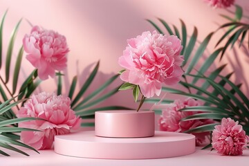 Product podium in soft springtime colors with pink peonies. Generative Ai