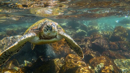 A turtle is swimming in the ocean near some rocks