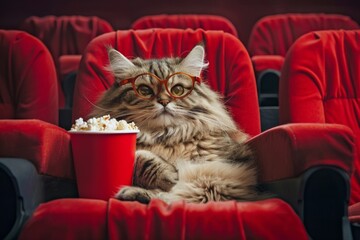 cat wearing sunglasses watching a movie in a cinema and eating popcorn