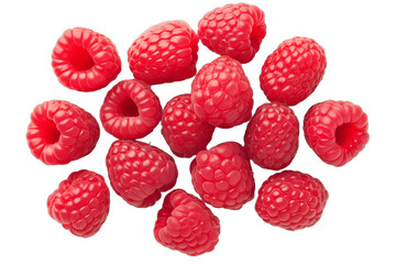 Raspbery isolated on a transparent background, top view. A pile of ripe raspberries. Close-up raspberries for label, cut out, flat lay, png