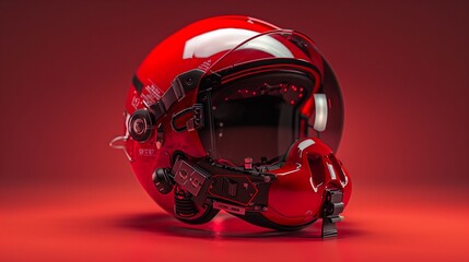 High Resolution Image of a Scarlet Red Fighter Jet Pilot Helmet, Emphasizing High-Tech Aviation Gear