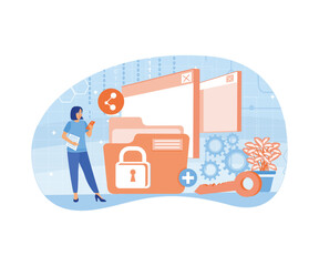 Women use cyber security services. Protect personal data on electronic devices. Cyber ​​security concept. Flat vector illustration.