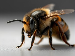 A golden yellow bee is flying over a sunflower. The stamens were clearly stuck to its fur. His wings fluttered quickly. Sunlight shines through the leaves and onto the flowers.