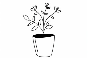 Elegant Minimalist Line Drawing of a Plant with Leaves and Pot on a Clean White Background
