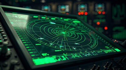 Realistic Photo of a Mint Green Radar Screen Tracking Aircrafts, Showcasing Air Traffic Control Technology