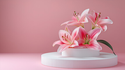 White cake with a frosting flower on top sitting on a white raised cake platter with pink paper shreds decorating it along with two pink dahlia flower blooms all reflecting on a white surface.
