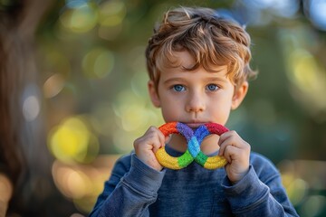 Autism-stricken young boy with an infinite rainbow symbol sign. Generative Ai