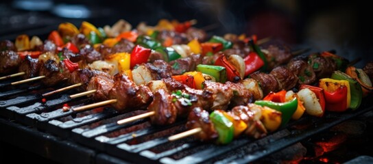 barbecue with meat on skewers with vegetable