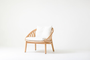 Fototapeta premium Wooden armchair with white cushion on a white background