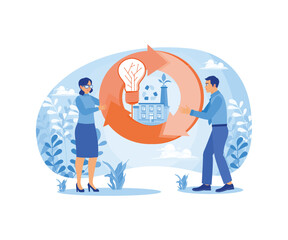 Businessman holding cycle sign with electric factory. Building environmentally friendly industries to reduce pollution. Circular economy concept. Flat vector illustration.