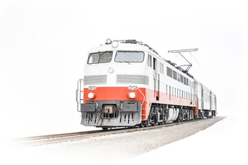 Obraz premium Red and White Train Travels Through Snowy Landscape