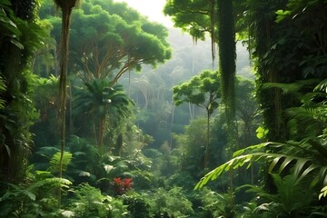 A densely forested tropical rainforest with vivid flora, shot in high definition