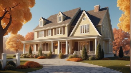 Architecture cozy classic house in colonial style on sunny autumn day, 3D building design illustration