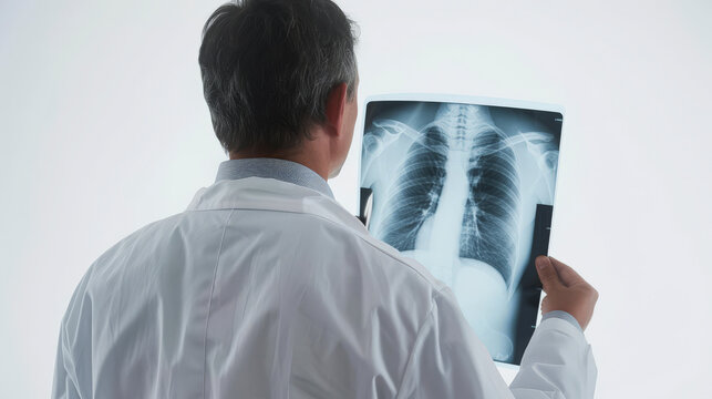 A medical professional examining a chest X-ray film to evaluate the condition of the patient's lungs and thoracic cavity for diagnosis.