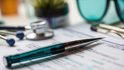 A pen lies atop medical documents, with a stethoscope, glasses, and a plant in the background, suggesting a healthcare professional's workspace.