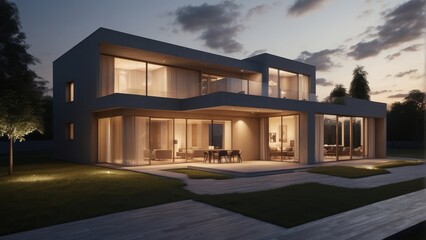Architecture modern house with night atmosphere, Exterior 3D building design illustration