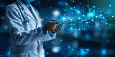 A healthcare professional interacts with a futuristic digital interface, symbolizing the integration of advanced technology and data management in modern medical practice.