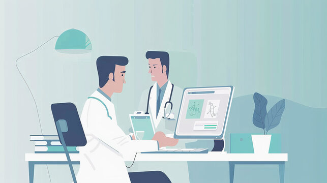Two animated doctors are having a discussion in an office setting with a computer displaying medical information on the desk.