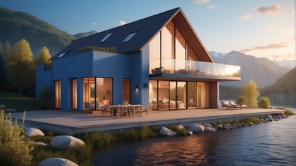 Architecture modern cozy house with river on summer evening, 3D building design illustration
