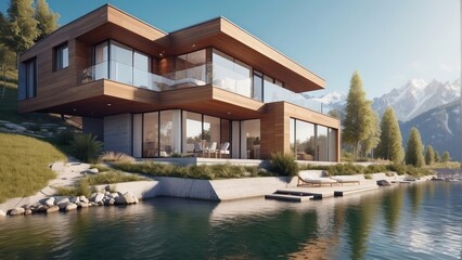 Obraz premium Architecture modern cozy house with river on sunny summer day, 3D building design illustration