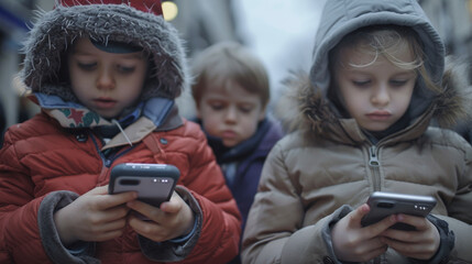 Two young children are focused on smartphones while wearing winter jackets and hoods, with another child in the background appearing less engaged.