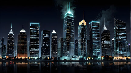Fototapeta premium Glossy and artistic neon light effect urban landscapes of modern towering cities and Skyscrapers or Artistic textures and futuristic townscapes ai generative
