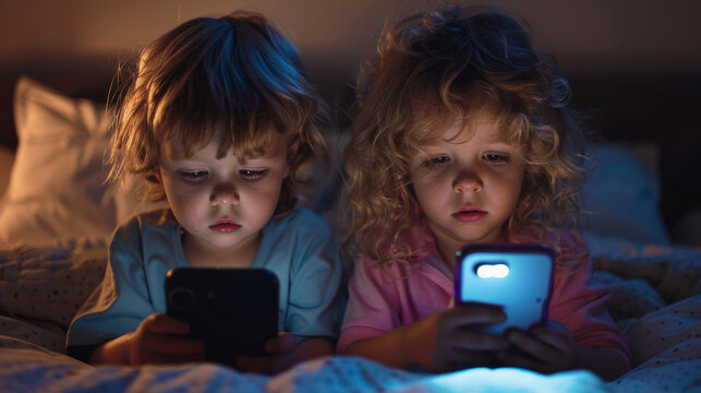Two young children engrossed in their smartphones in a dark room, with the devices casting a glow on their faces.