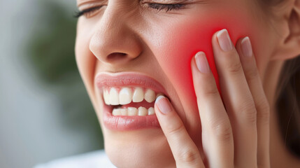 Close-up of a woman holding her cheek in pain, possibly indicating a toothache or dental problem, with a red highlighted area representing discomfort.