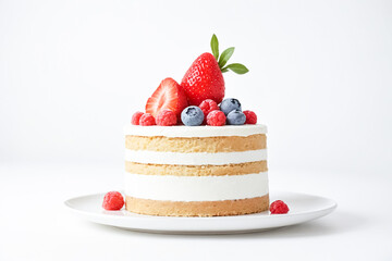 Fresh Berry Layered Cake on White Background