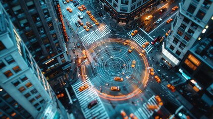 A smart city traffic management hub, top view, using realtime data to optimize vehicle and pedestrian flow, emphasizing urban planning, with a scifi tone using colored pastel