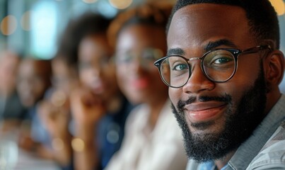 Obraz premium confident young american african man in meeting with colleague.