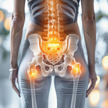 An illustration highlighting human lower back and hip pain with a focus on the skeletal structure, showcasing inflammation in the lumbar spine and hip joints.