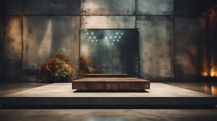 metallic podium background with geometric patterns, in a contemporary art museum with white walls and polished floors, mood of innovation and creativity