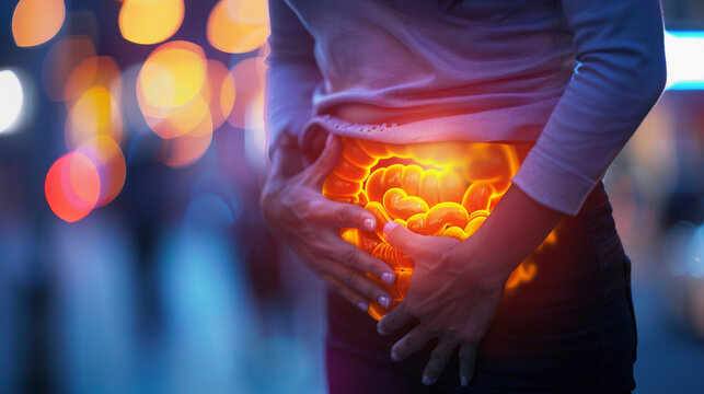 A person holding their stomach with a superimposed graphic of glowing intestines, symbolizing digestive problems or abdominal pain, against a blurred background with lights.