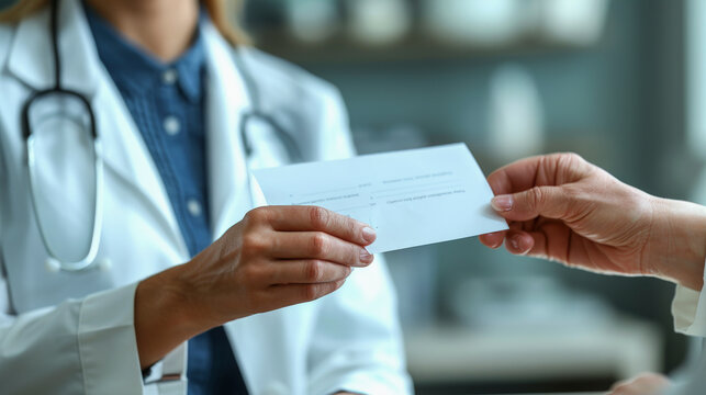 A person in a white lab coat with a stethoscope is handing over or receiving a document from someone else, possibly in a medical setting.